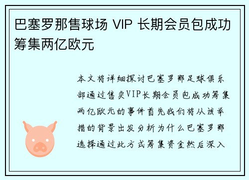 巴塞罗那售球场 VIP 长期会员包成功筹集两亿欧元