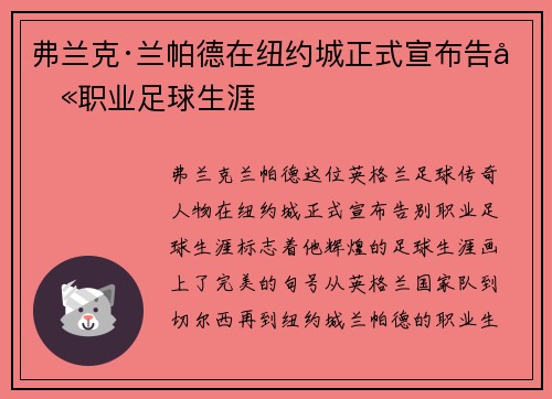 弗兰克·兰帕德在纽约城正式宣布告别职业足球生涯