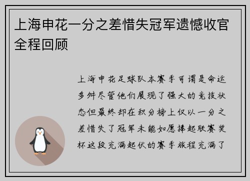 上海申花一分之差惜失冠军遗憾收官全程回顾