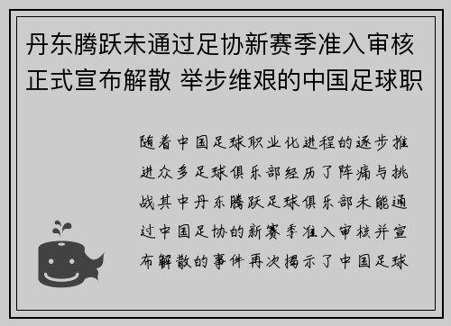 丹东腾跃未通过足协新赛季准入审核正式宣布解散 举步维艰的中国足球职业化困境再现 丹东腾跃未通过足协新赛季准入审核正式宣布解散 举步维艰的中国足球职业化困境再现